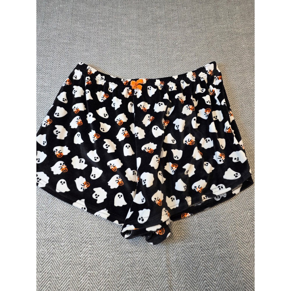 Women's Pajama Shorts 2XL Black Halloween Ghost Pumpkin Plush Stretch Drawstring